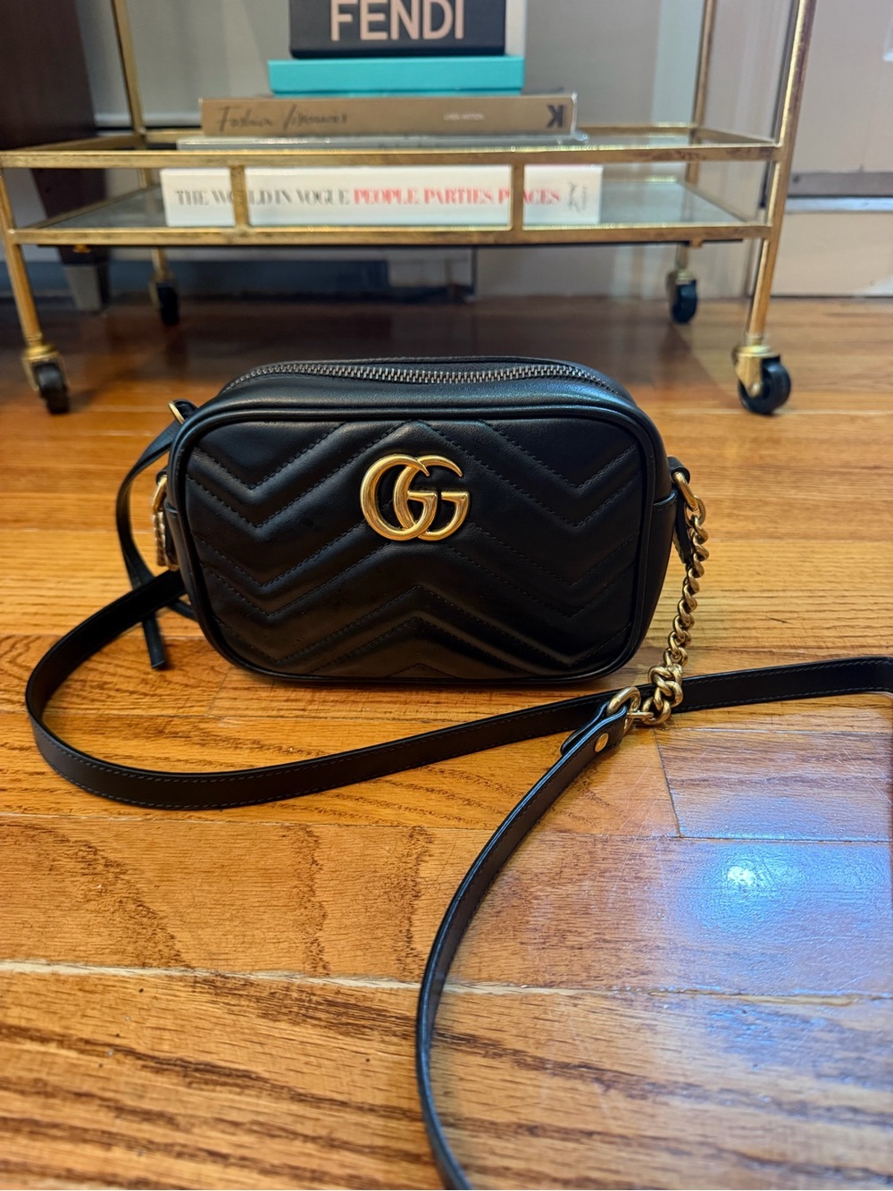 Gucci Black Matelassé Leather Crossbody with Gold GG